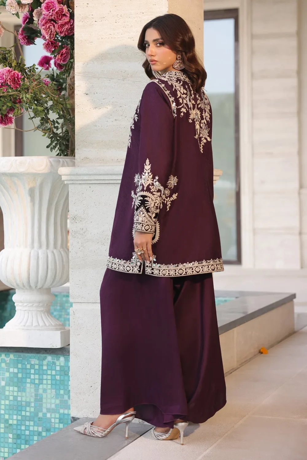 Mulberry purple short jacket with dori embroidery and mirror work