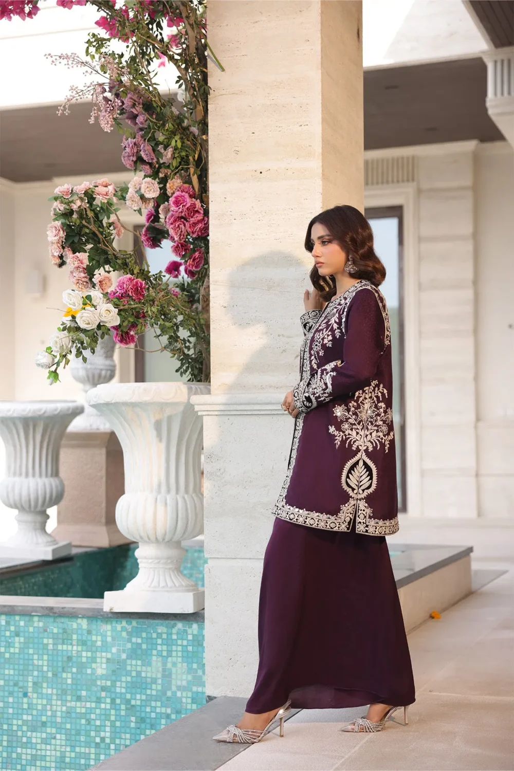 Mulberry purple short jacket with dori embroidery and mirror work