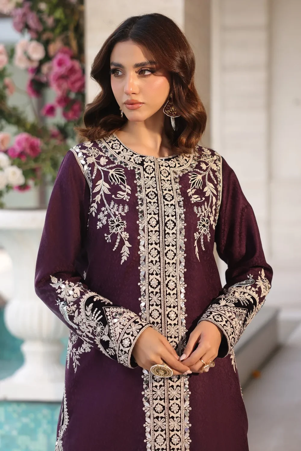 Mulberry purple short jacket with dori embroidery and mirror work