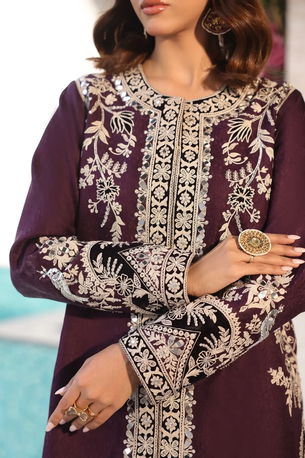 Mulberry purple short jacket with dori embroidery and mirror work