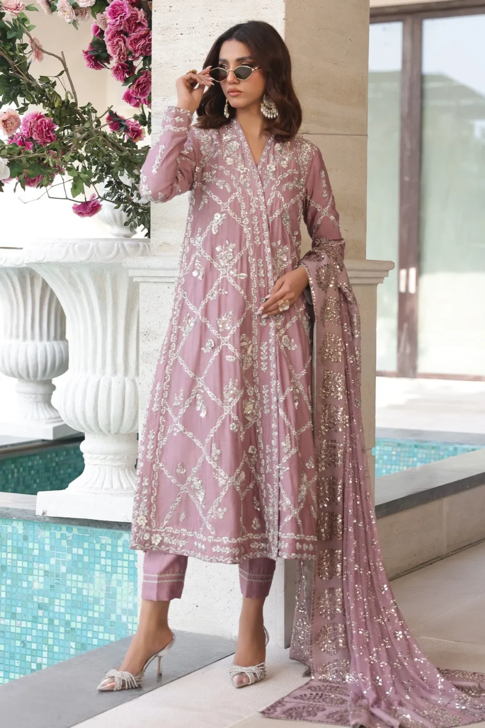 Lavender overlapping chogha in pure Khaddi silk with Adda work