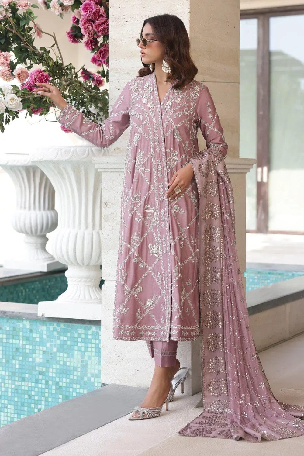 Lavender overlapping chogha in pure Khaddi silk with Adda work