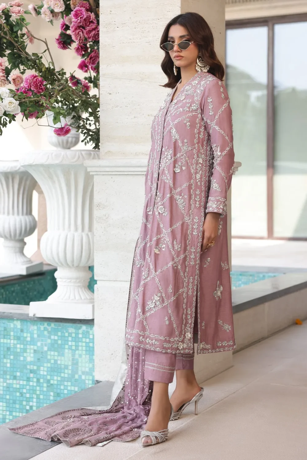 Lavender overlapping chogha in pure Khaddi silk with Adda work