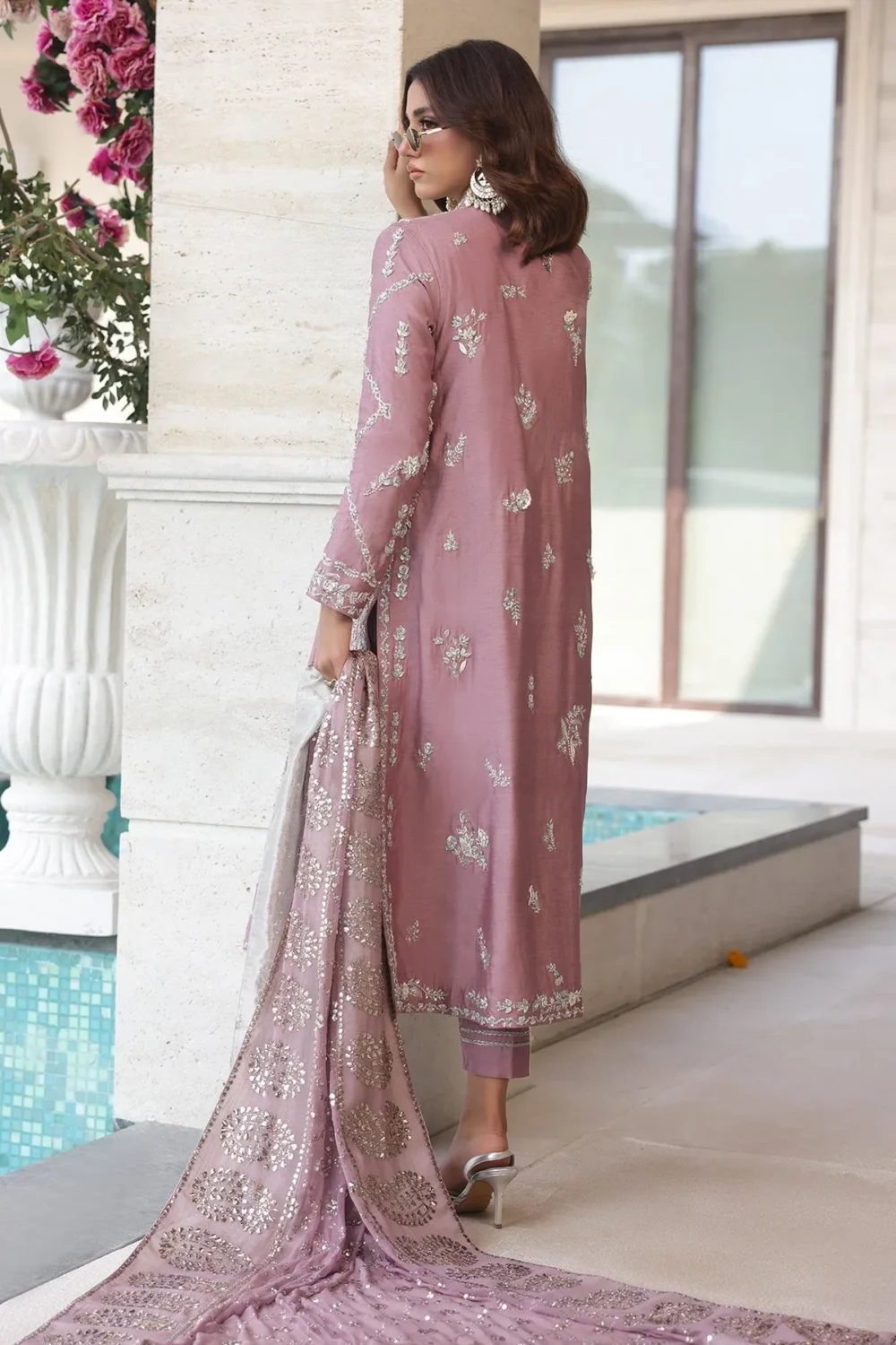 Lavender overlapping chogha in pure Khaddi silk with Adda work