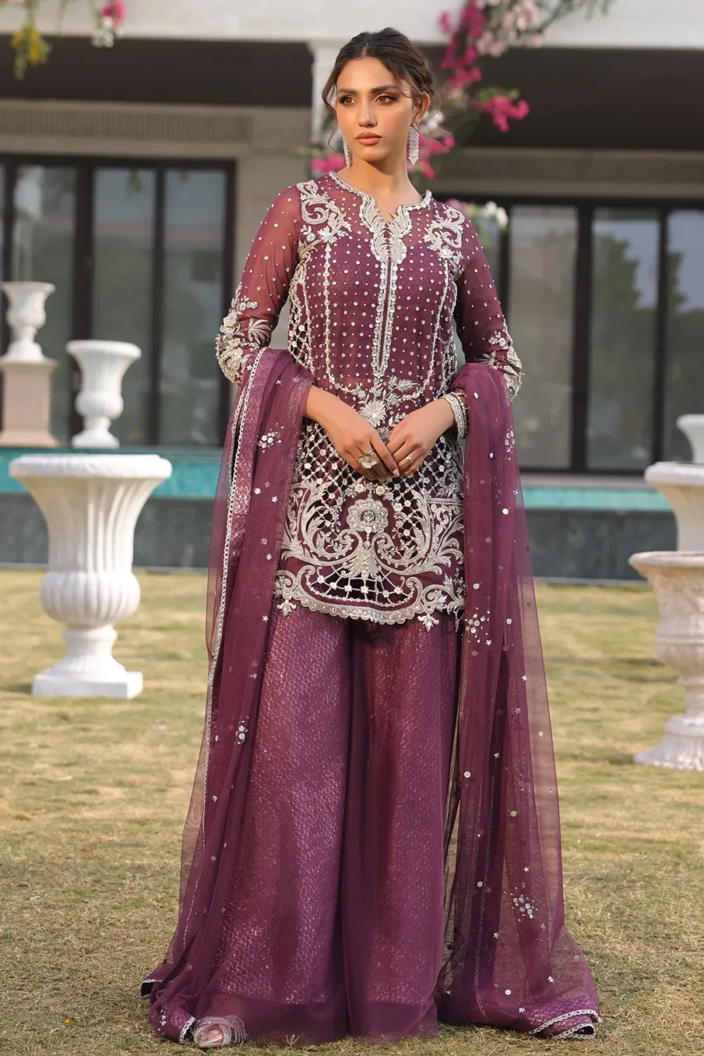 Grape purple short shirt with intricate handwork and floral motifs