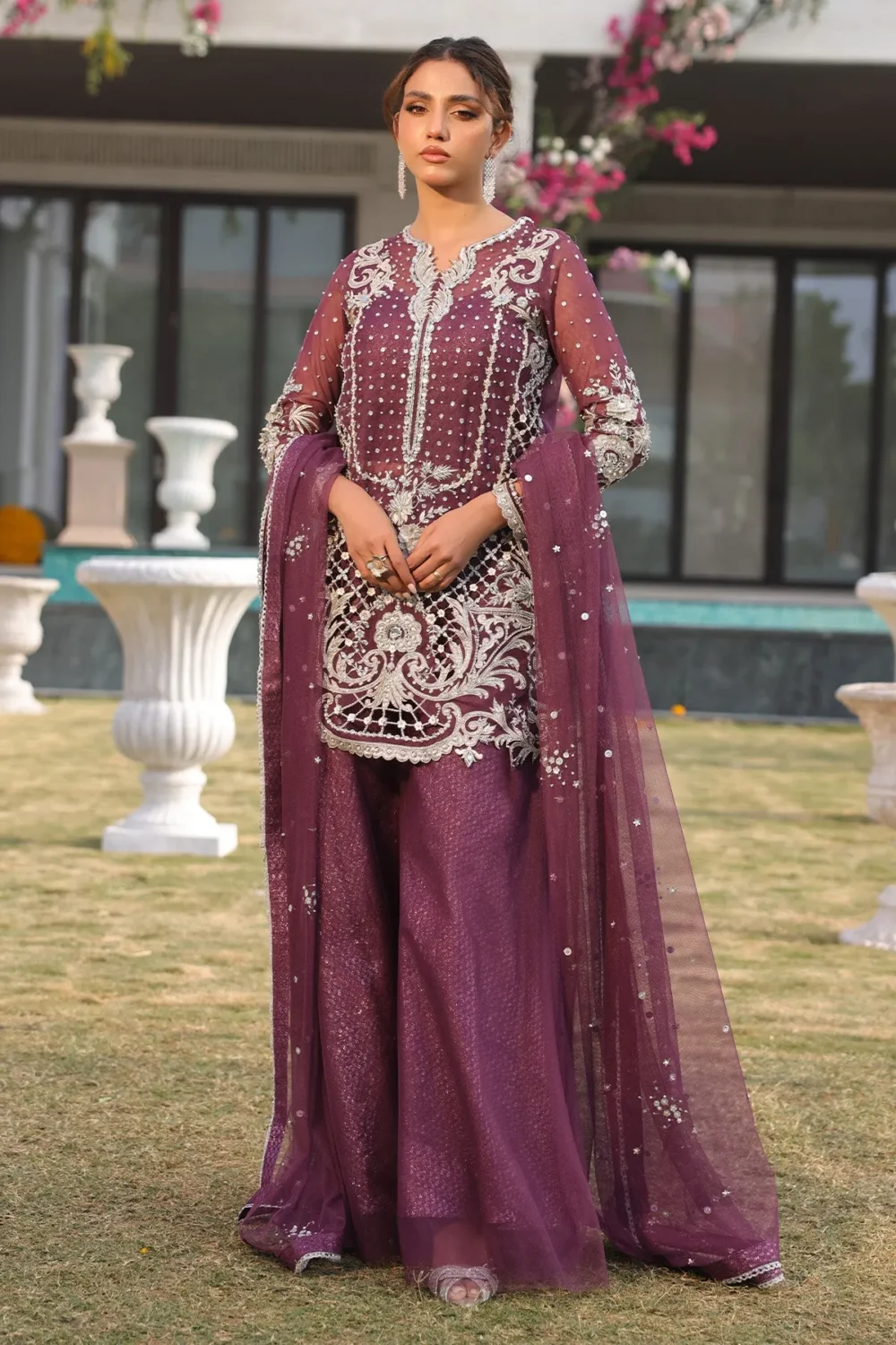 Grape purple short shirt with intricate handwork and floral motifs