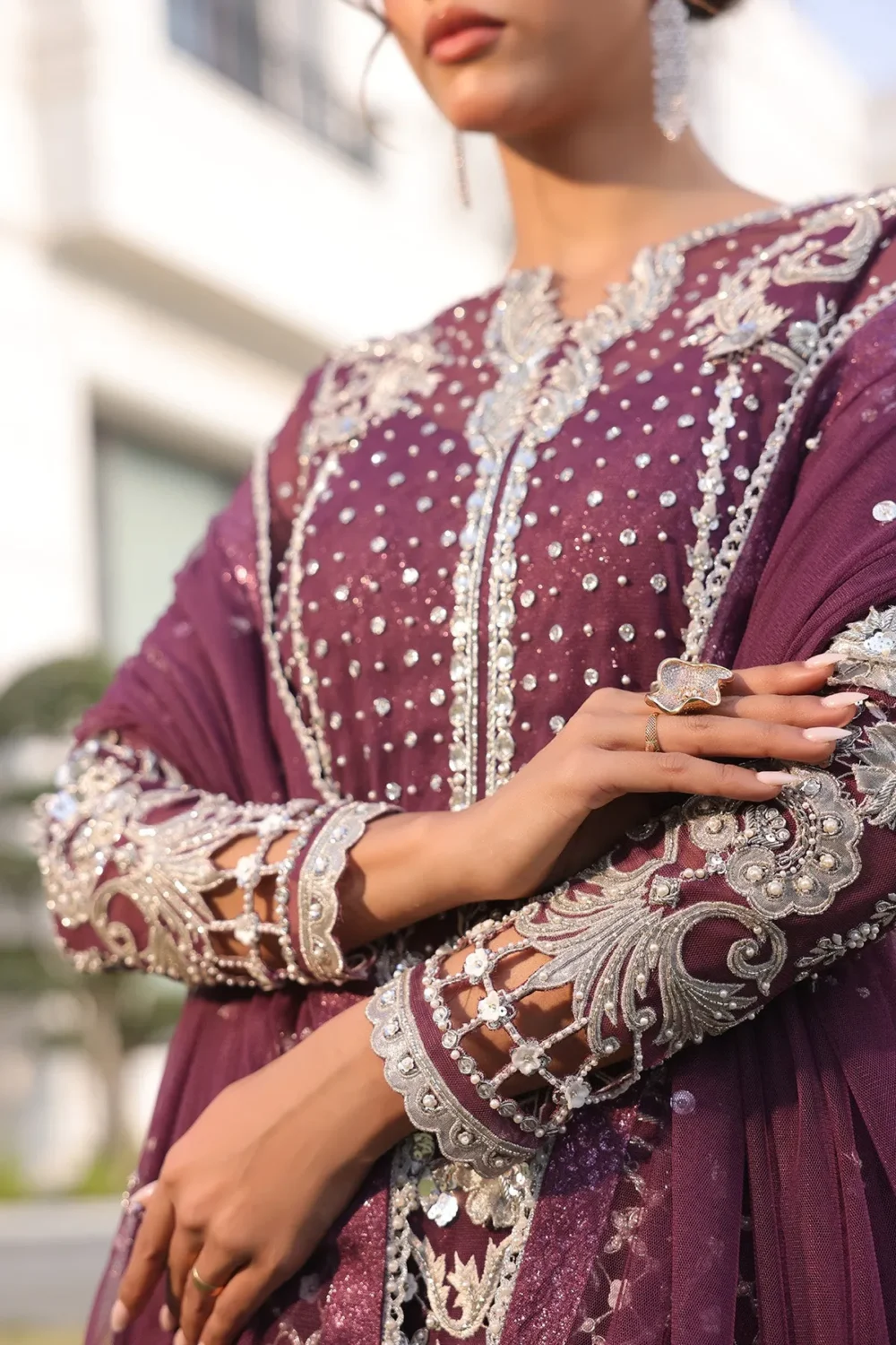 Grape purple short shirt with intricate handwork and floral motifs
