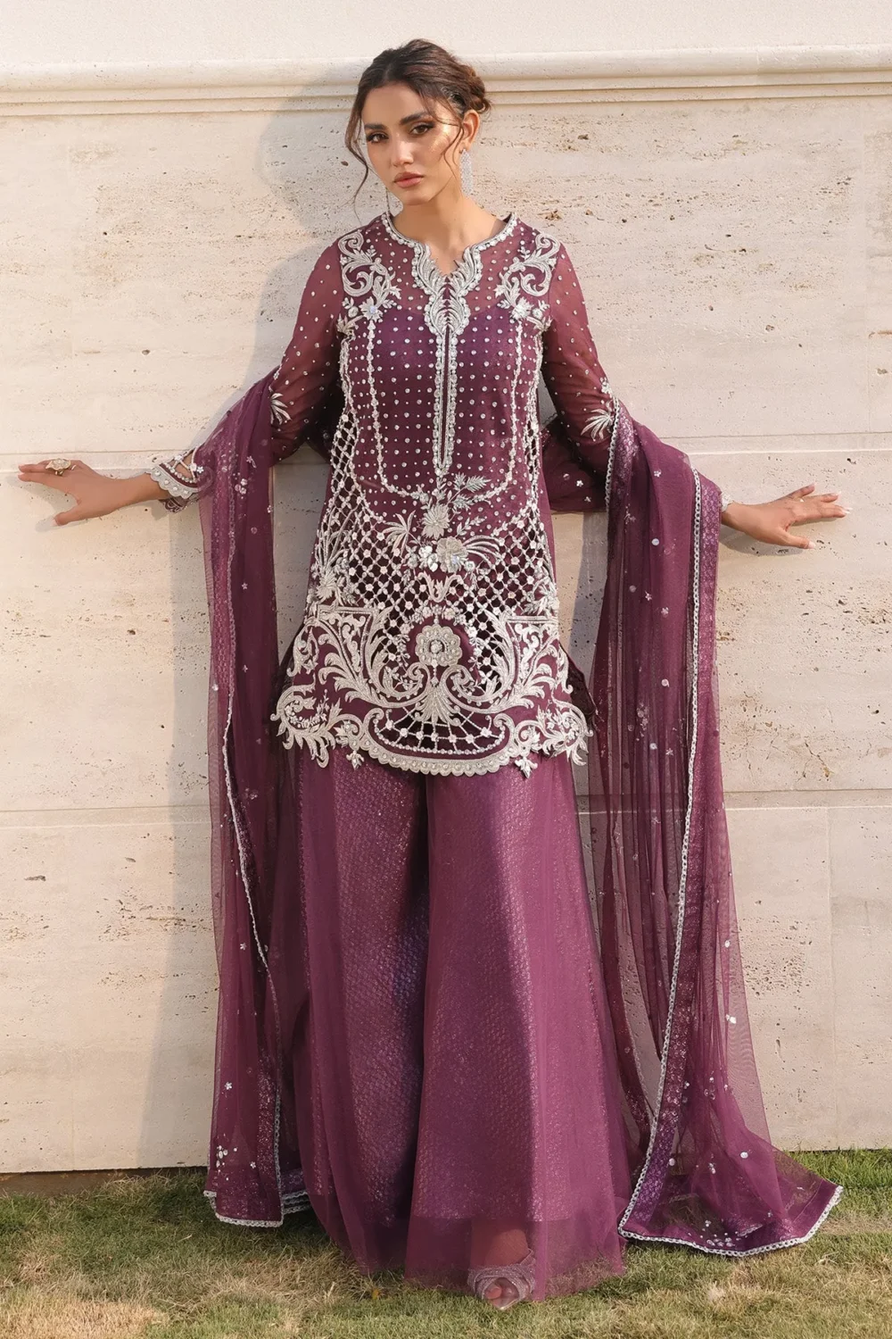 Grape purple short shirt with intricate handwork and floral motifs