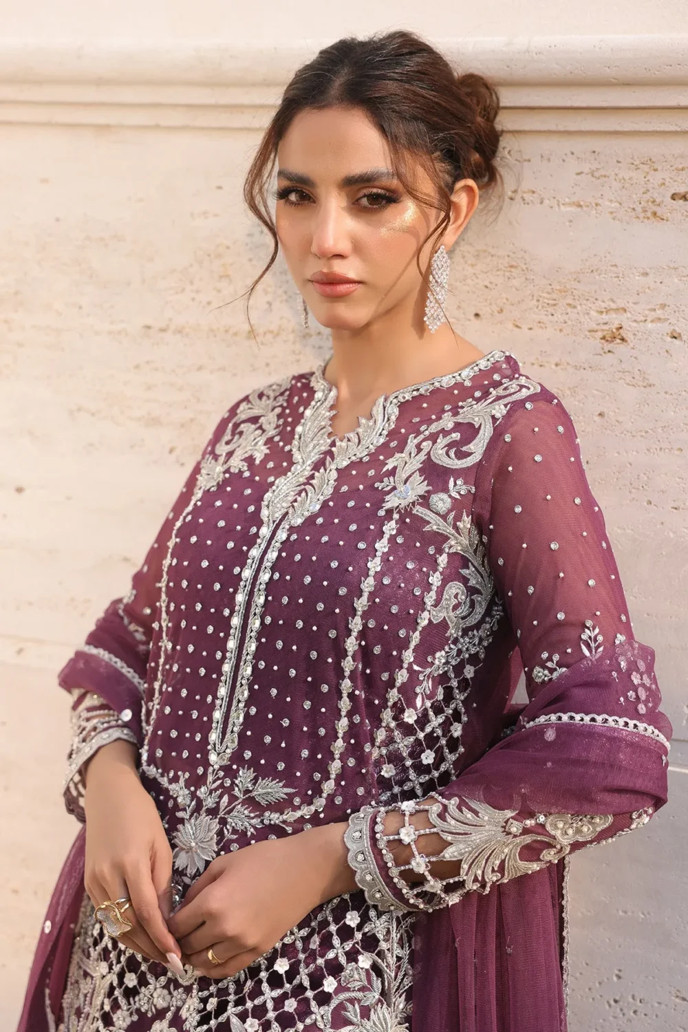 Grape purple short shirt with intricate handwork and floral motifs