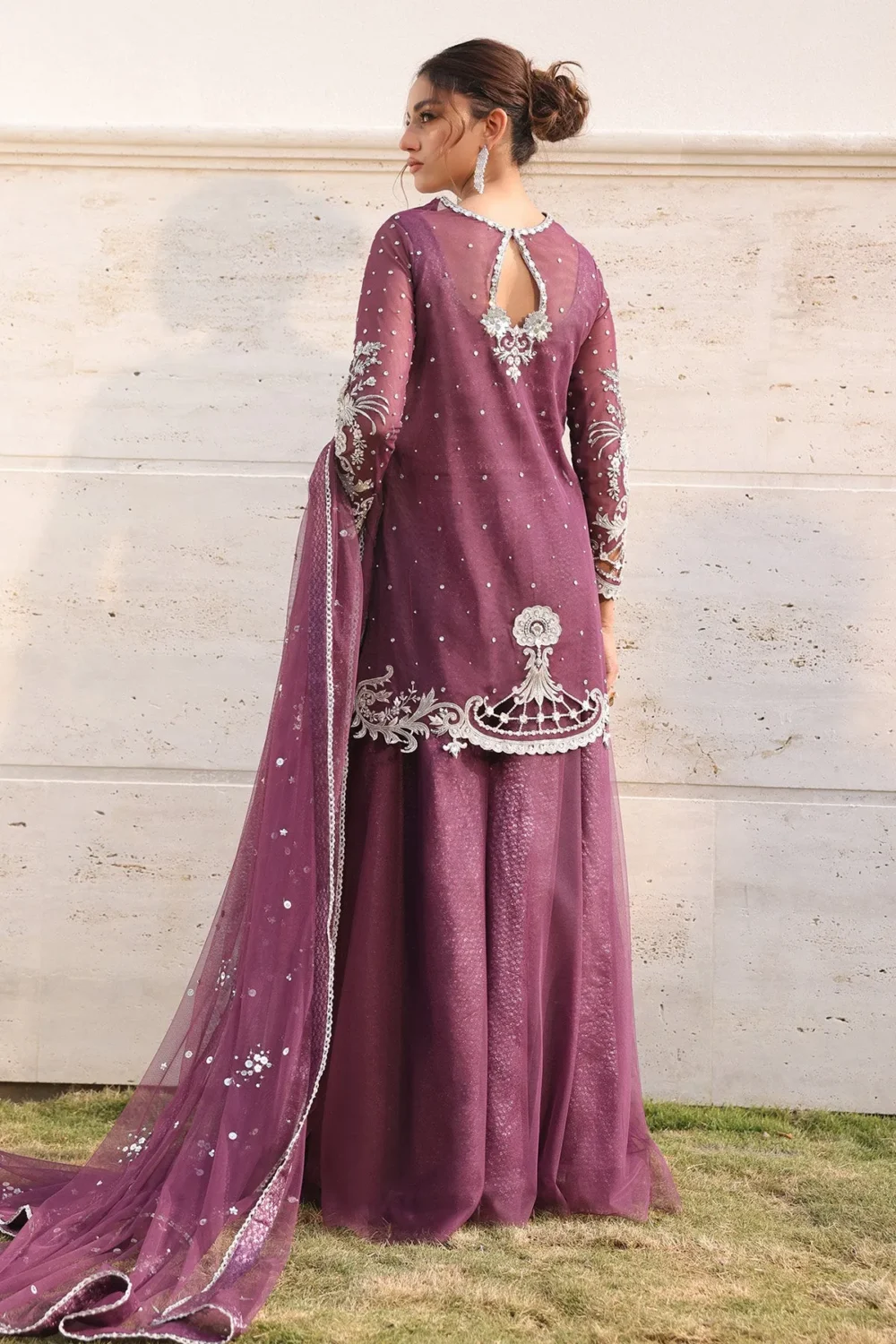 Grape purple short shirt with intricate handwork and floral motifs