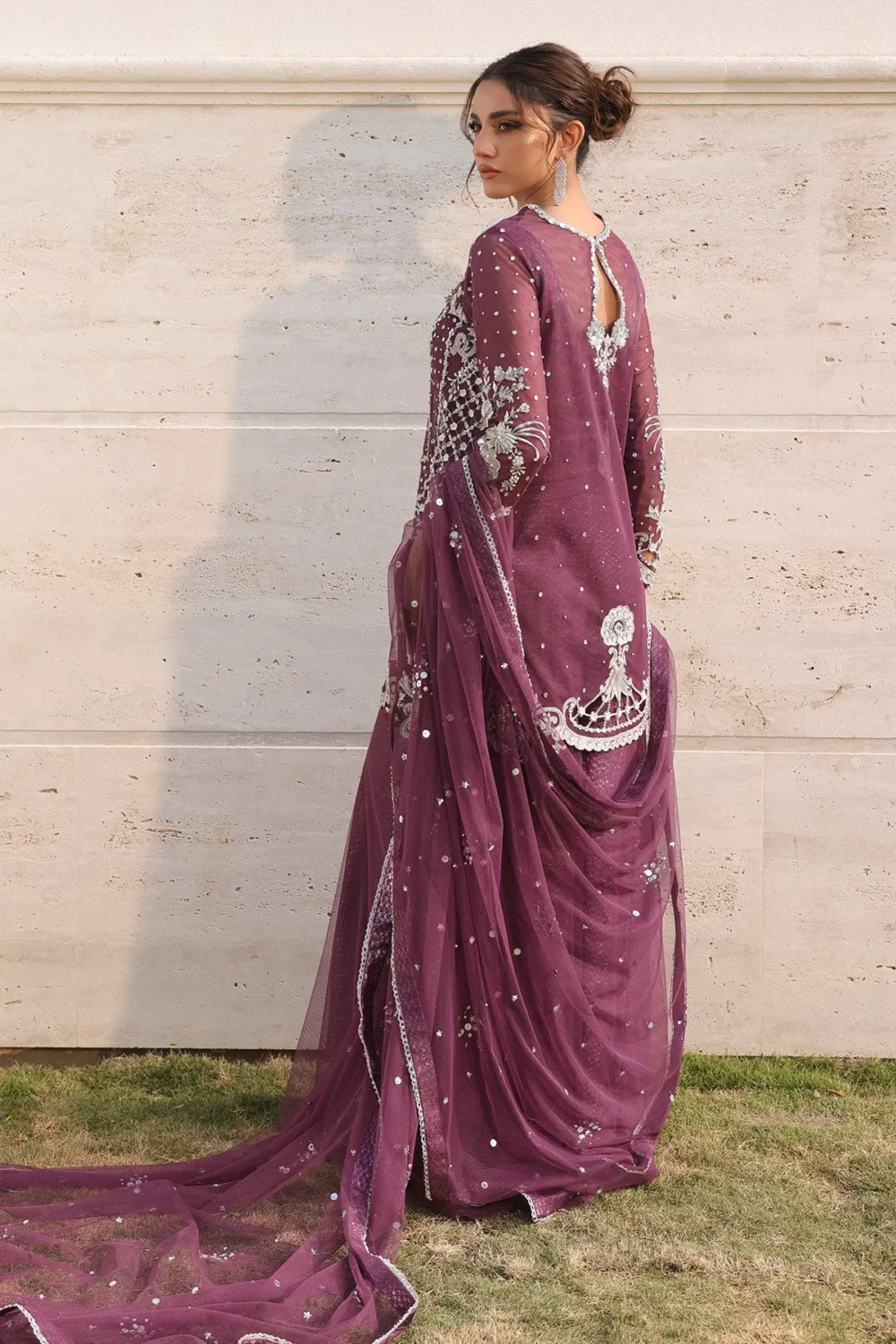 Grape purple short shirt with intricate handwork and floral motifs