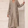 Mouse grey long raw silk jacket with intricate embroidery and gold accents