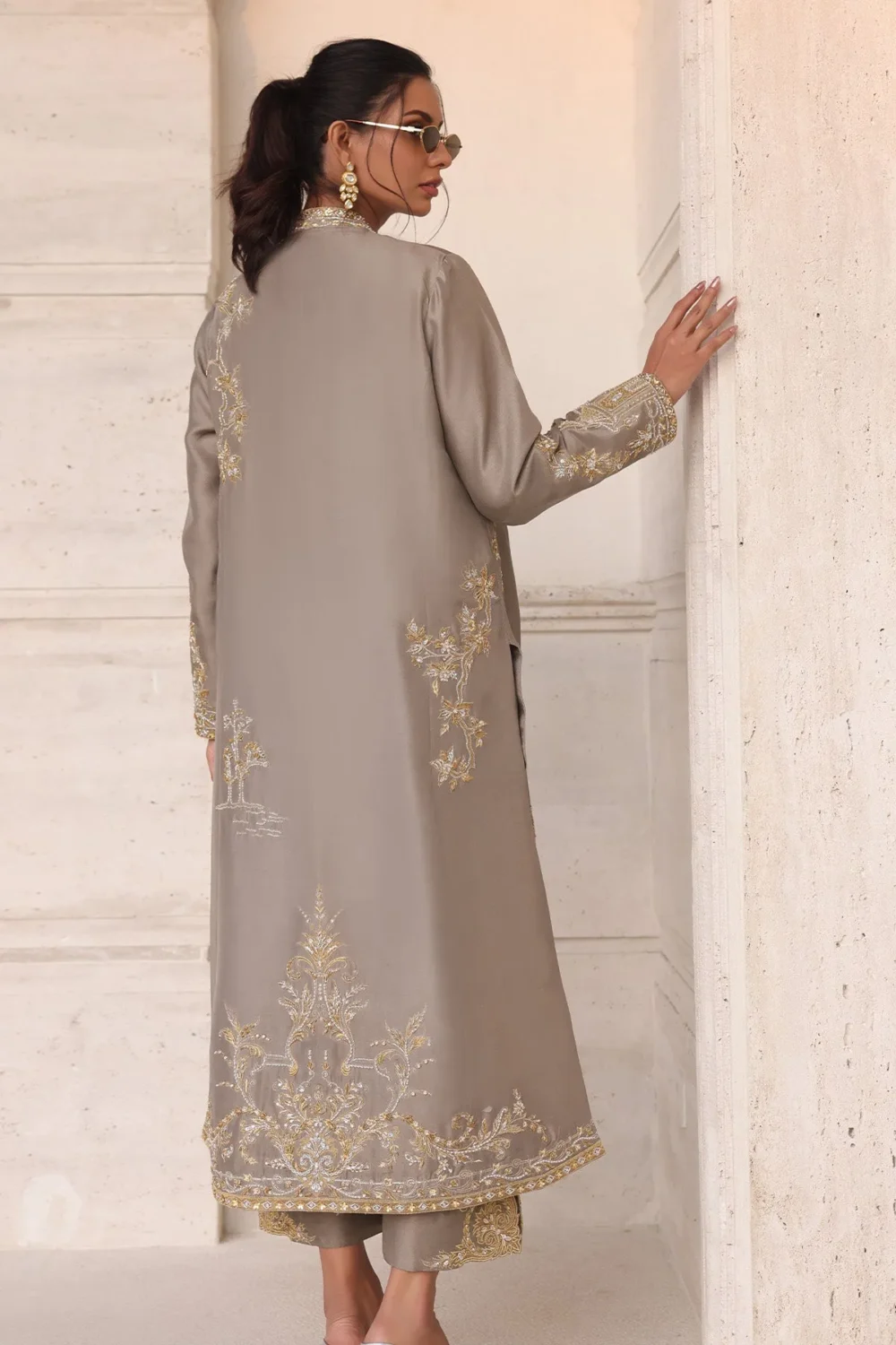Mouse grey long raw silk jacket with intricate embroidery and gold accents