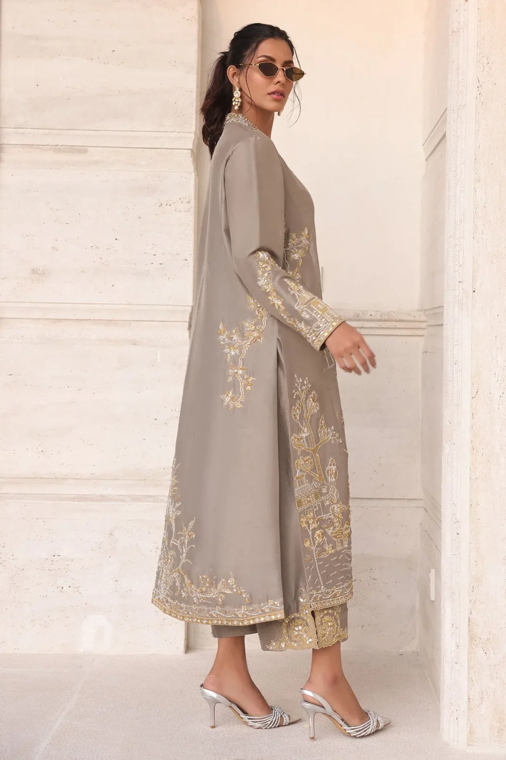 Mouse grey long raw silk jacket with intricate embroidery and gold accents