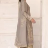 Mouse grey long raw silk jacket with intricate embroidery and gold accents