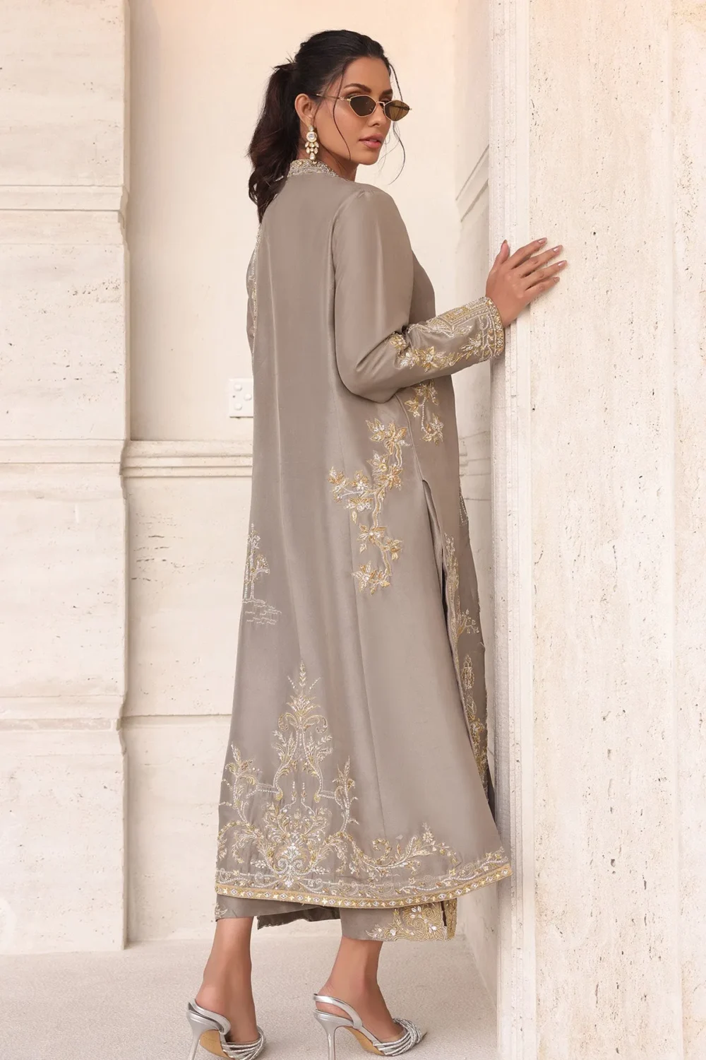Mouse grey long raw silk jacket with intricate embroidery and gold accents