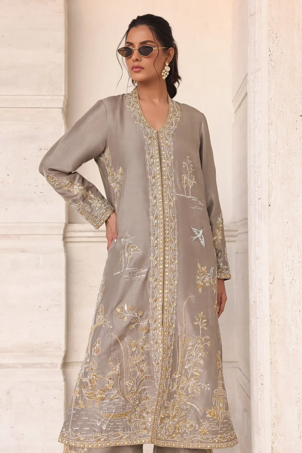 Mouse grey long raw silk jacket with intricate embroidery and gold accents