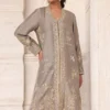 Mouse grey long raw silk jacket with intricate embroidery and gold accents