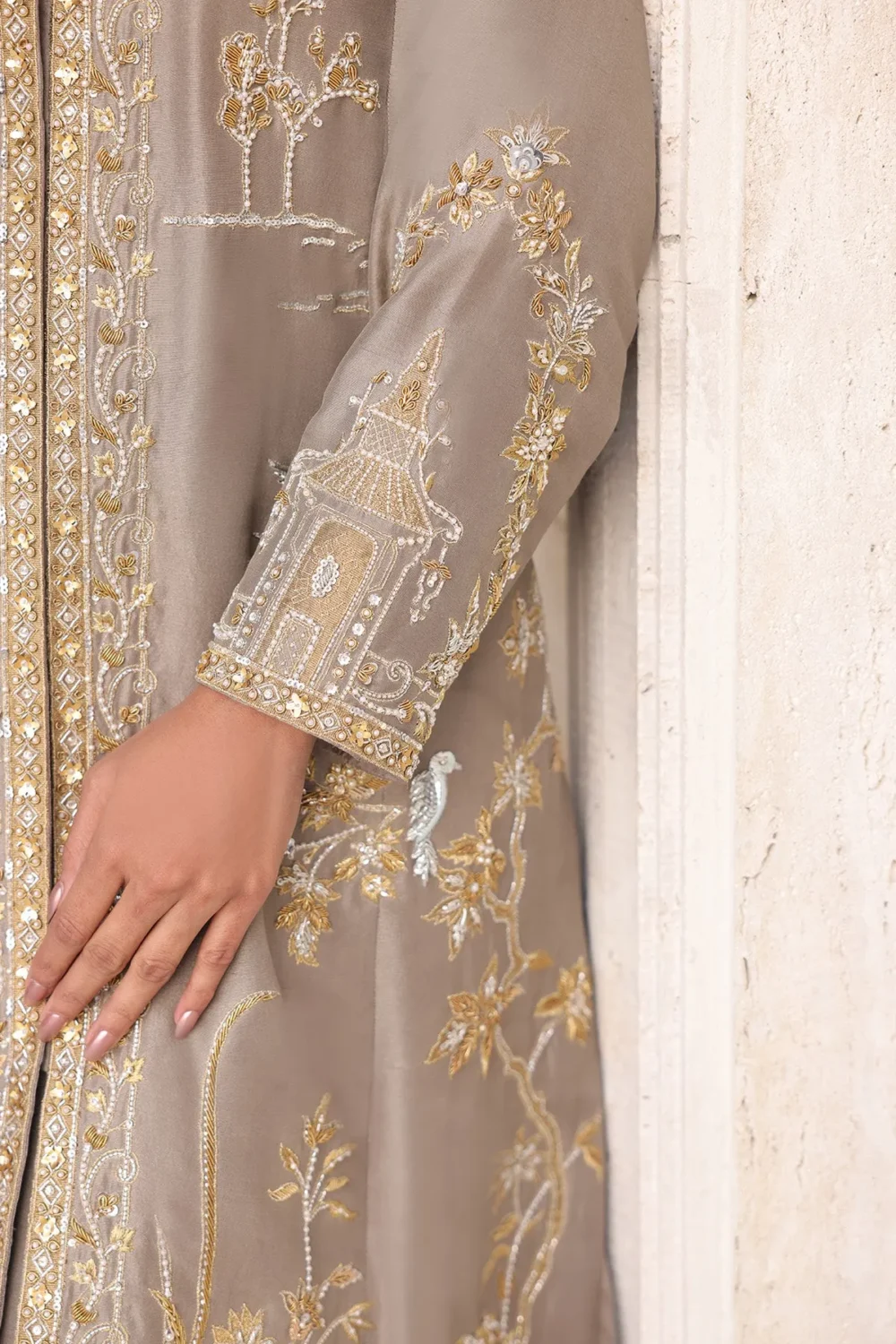 Mouse grey long raw silk jacket with intricate embroidery and gold accents