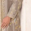 Mouse grey long raw silk jacket with intricate embroidery and gold accents