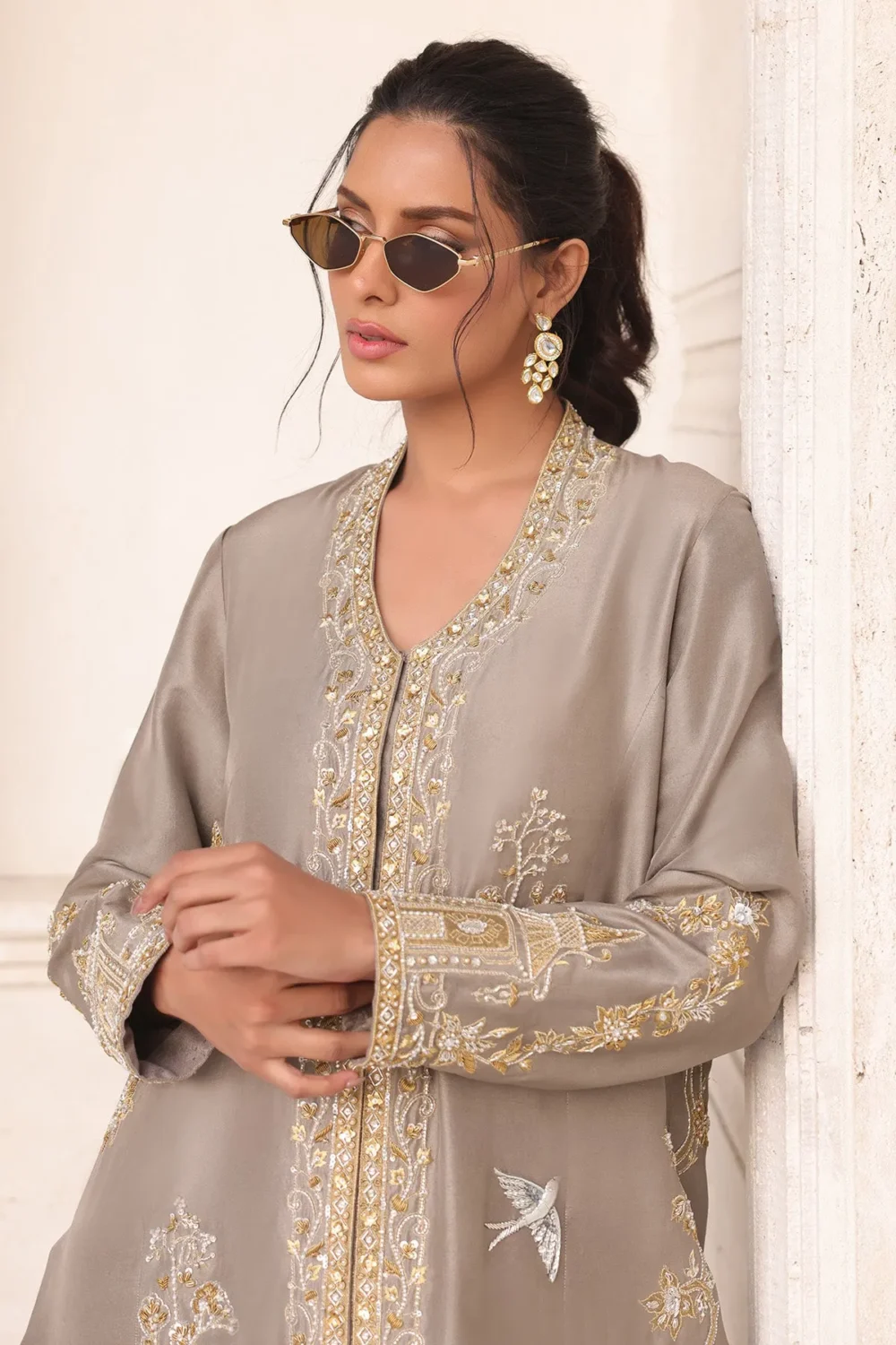 Mouse grey long raw silk jacket with intricate embroidery and gold accents