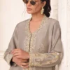 Mouse grey long raw silk jacket with intricate embroidery and gold accents