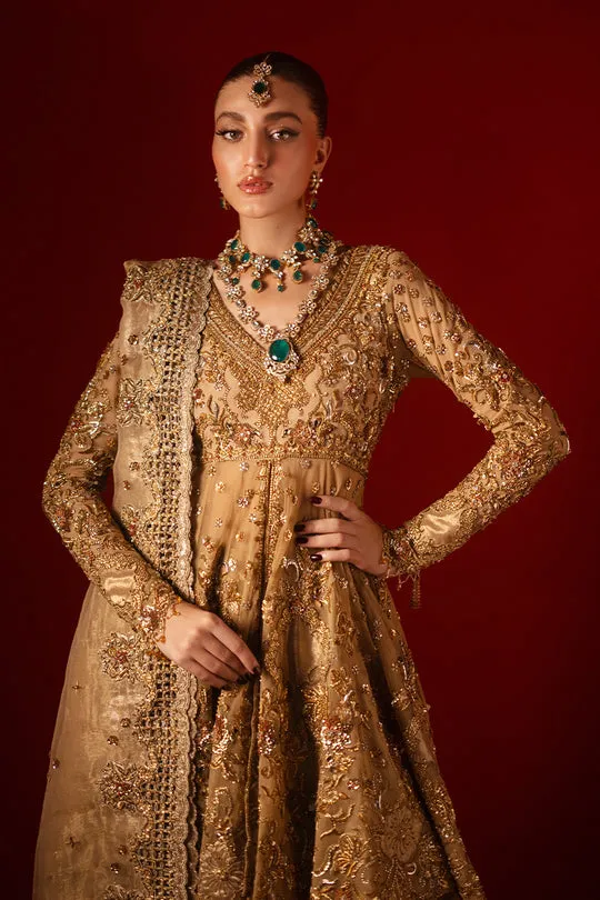 Gold Bridal Peplum Set Lehenga Detail – Close-up shot of the soft Masuri lehenga featuring exquisite cutwork and scalloped borders.