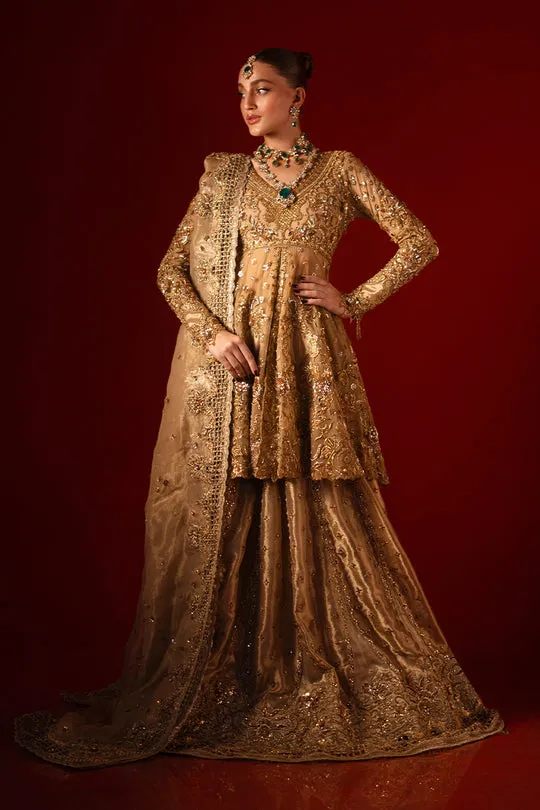 Gold Bridal Peplum Set Lehenga Detail – Close-up shot of the soft Masuri lehenga featuring exquisite cutwork and scalloped borders.