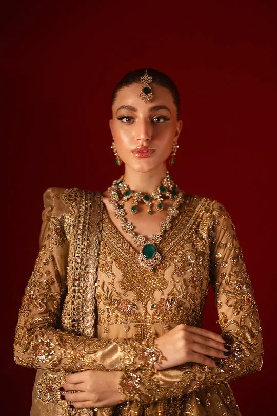 Gold Bridal Peplum Set Lehenga Detail – Close-up shot of the soft Masuri lehenga featuring exquisite cutwork and scalloped borders.