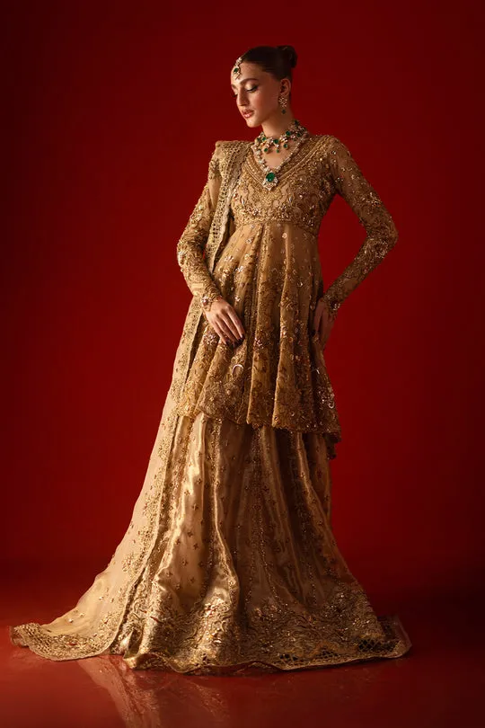 Gold Bridal Peplum Set Lehenga Detail – Close-up shot of the soft Masuri lehenga featuring exquisite cutwork and scalloped borders.