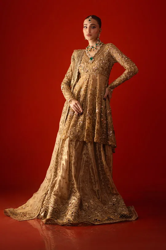 Gold Bridal Peplum Set Front View – Stunning front view showcasing the Gold Bridal Peplum Set with intricate floral appliqué and crystal embellishments.