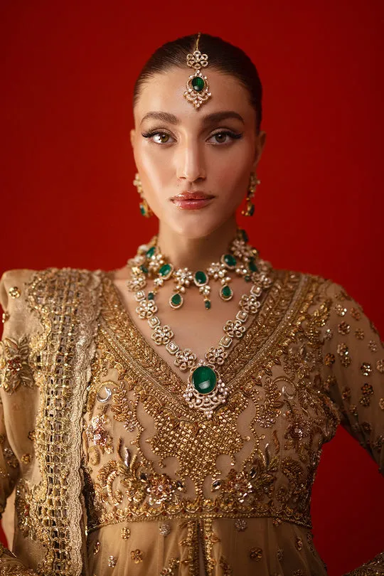 Gold Bridal Peplum Set Lehenga Detail – Close-up shot of the soft Masuri lehenga featuring exquisite cutwork and scalloped borders.