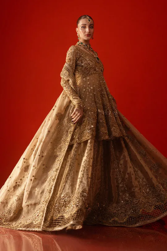 Gold Bridal Peplum Set Lehenga Detail – Close-up shot of the soft Masuri lehenga featuring exquisite cutwork and scalloped borders.