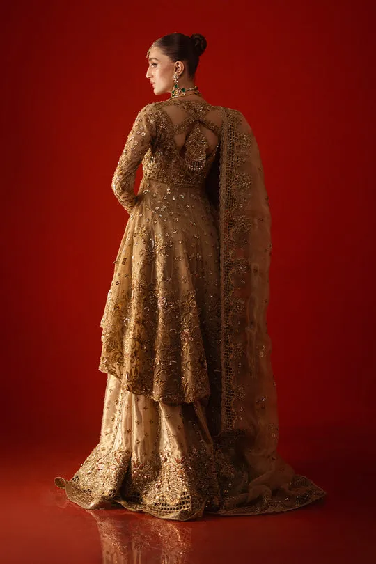 Gold Bridal Peplum Set Lehenga Detail – Close-up shot of the soft Masuri lehenga featuring exquisite cutwork and scalloped borders.