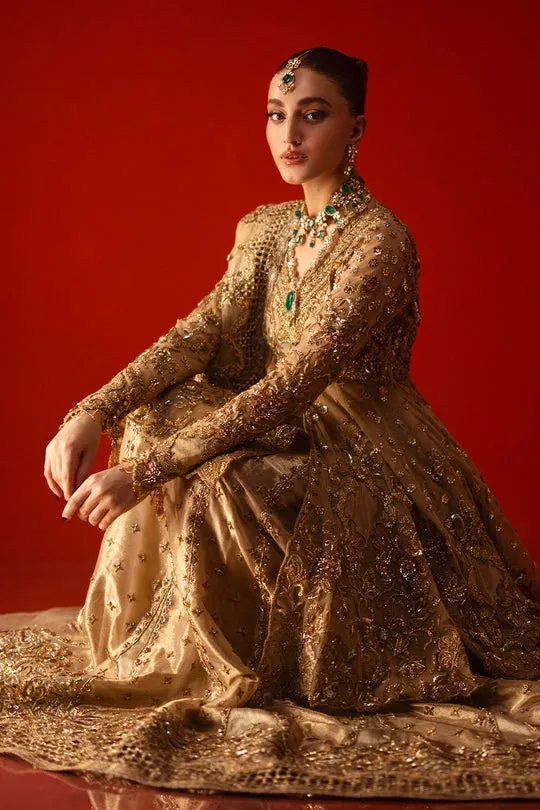 Gold Bridal Peplum Set Lehenga Detail – Close-up shot of the soft Masuri lehenga featuring exquisite cutwork and scalloped borders.