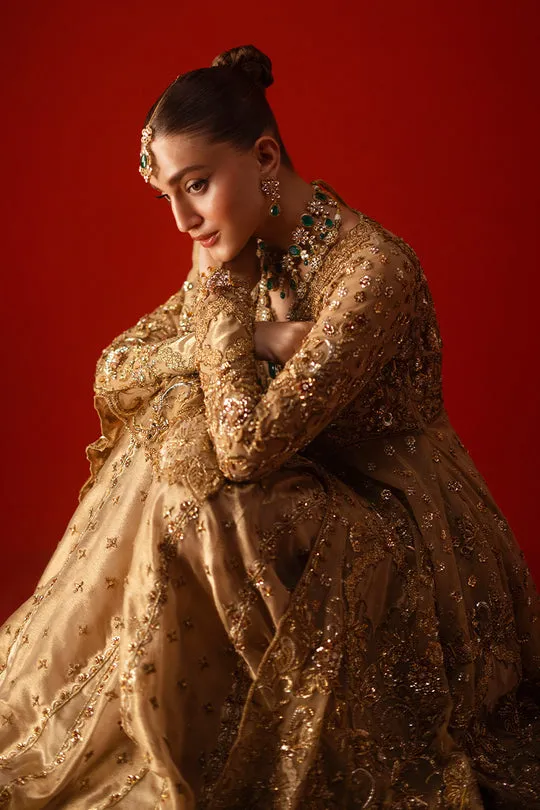 Gold Bridal Peplum Set Lehenga Detail – Close-up shot of the soft Masuri lehenga featuring exquisite cutwork and scalloped borders.