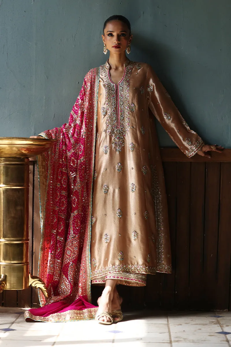 Rose gold Abah cut shirt with intricate gota work and bold hot pink appliqué