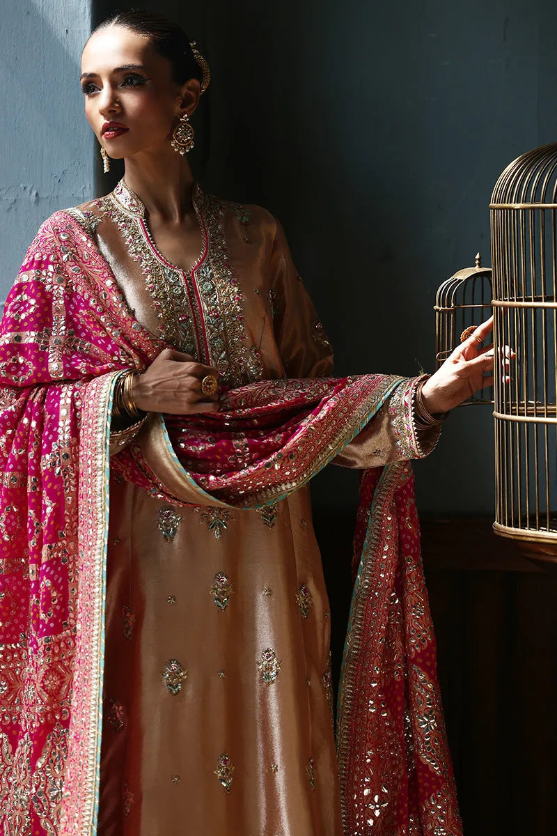Rose gold Abah cut shirt with intricate gota work and bold hot pink appliqué