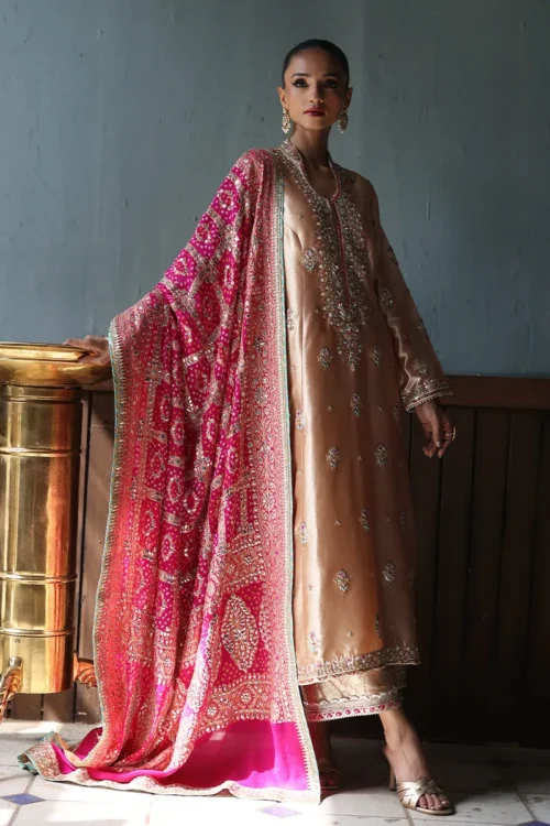 Rose gold Abah cut shirt with intricate gota work and bold hot pink appliqué