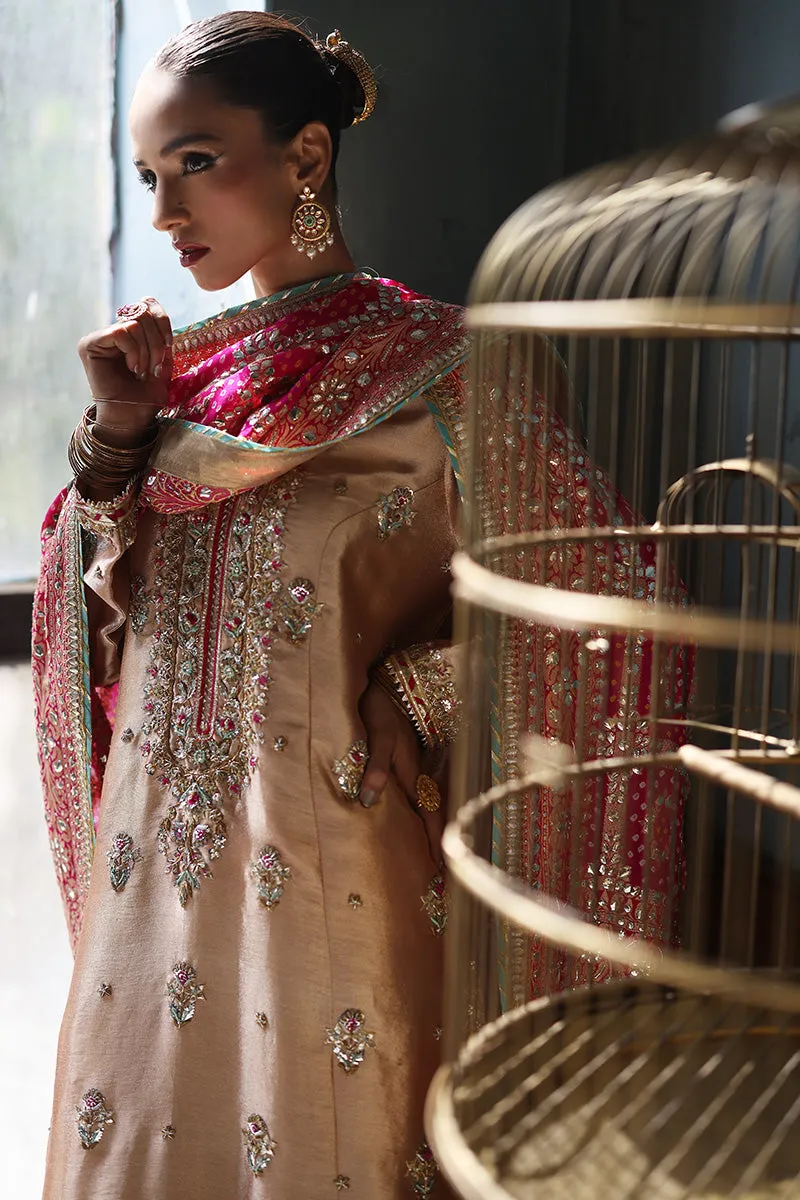 Rose gold Abah cut shirt with intricate gota work and bold hot pink appliqué