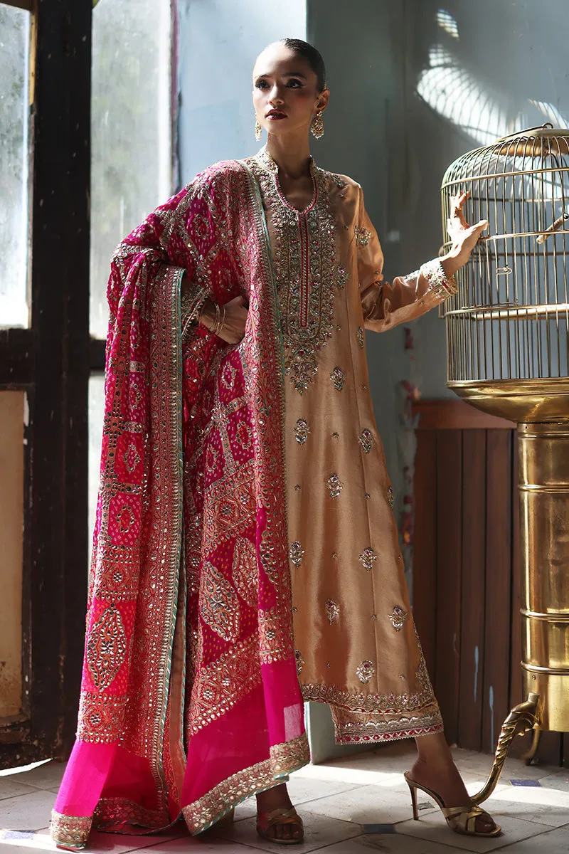 Rose gold Abah cut shirt with intricate gota work and bold hot pink appliqué