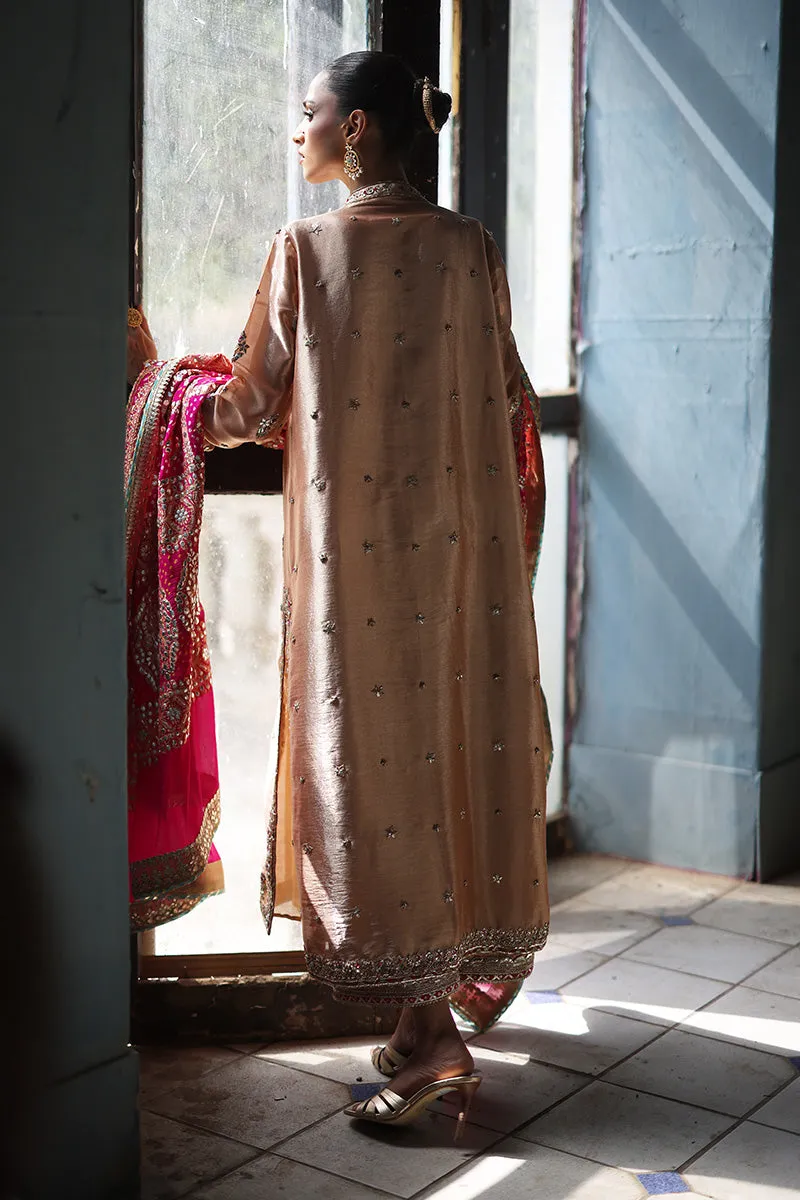 Rose gold Abah cut shirt with intricate gota work and bold hot pink appliqué