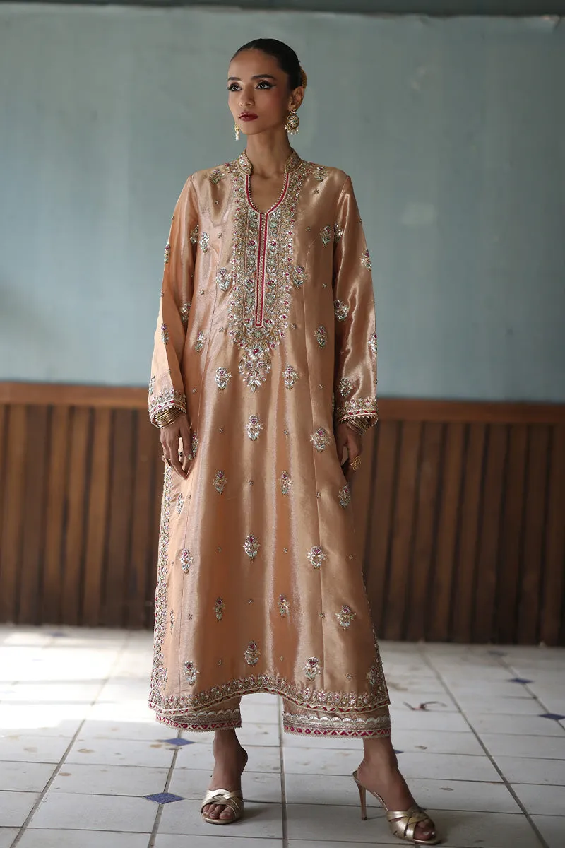 Rose gold Abah cut shirt with intricate gota work and bold hot pink appliqué