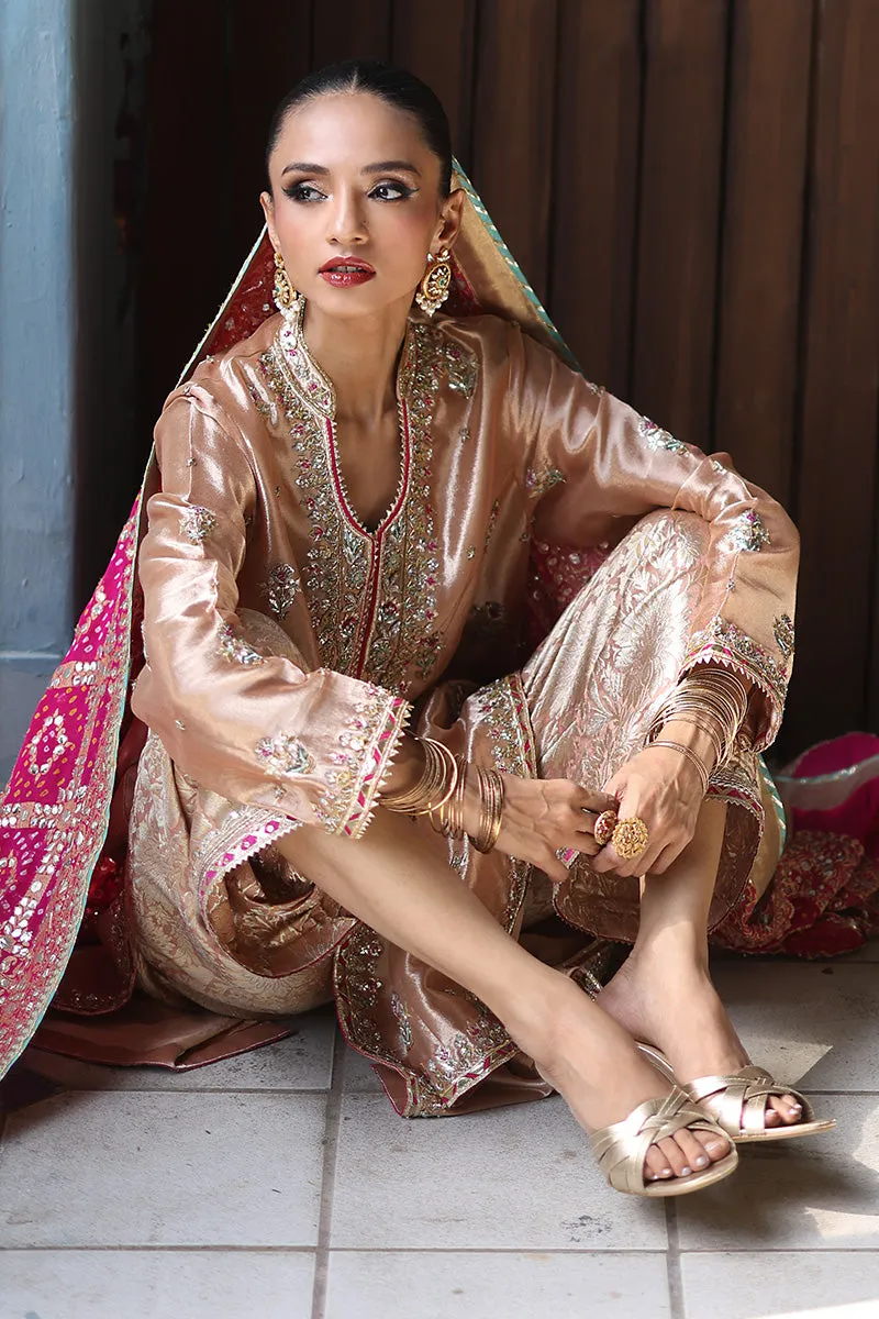 Rose gold Abah cut shirt with intricate gota work and bold hot pink appliqué