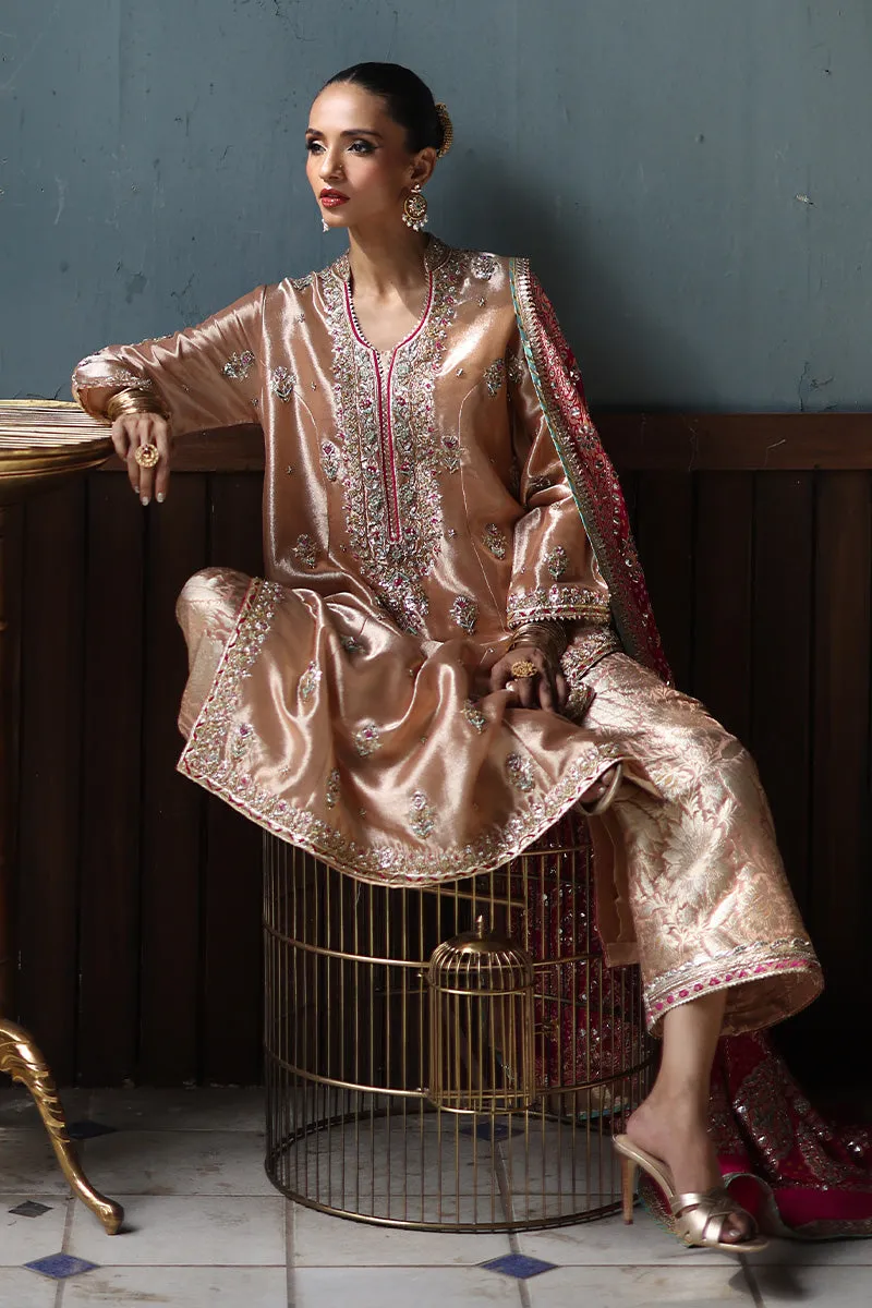 Rose gold Abah cut shirt with intricate gota work and bold hot pink appliqué