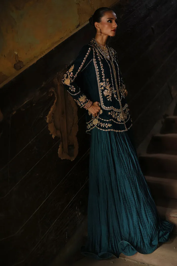 Dark Teal Green Velvet Short Jacket with Intricate 3D Embroidery