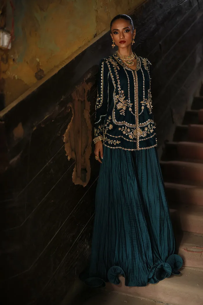 Dark Teal Green Velvet Short Jacket with Intricate 3D Embroidery