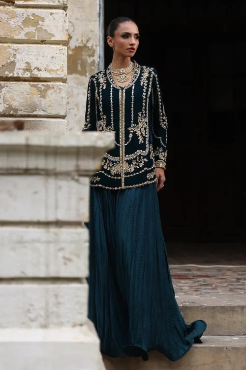 Dark Teal Green Velvet Short Jacket with Intricate 3D Embroidery