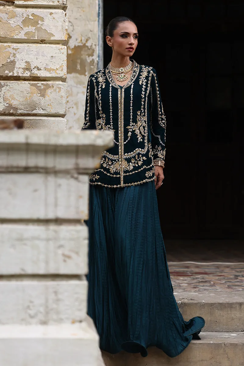Dark Teal Green Velvet Short Jacket with Intricate 3D Embroidery