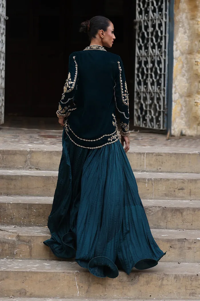 Dark Teal Green Velvet Short Jacket with Intricate 3D Embroidery